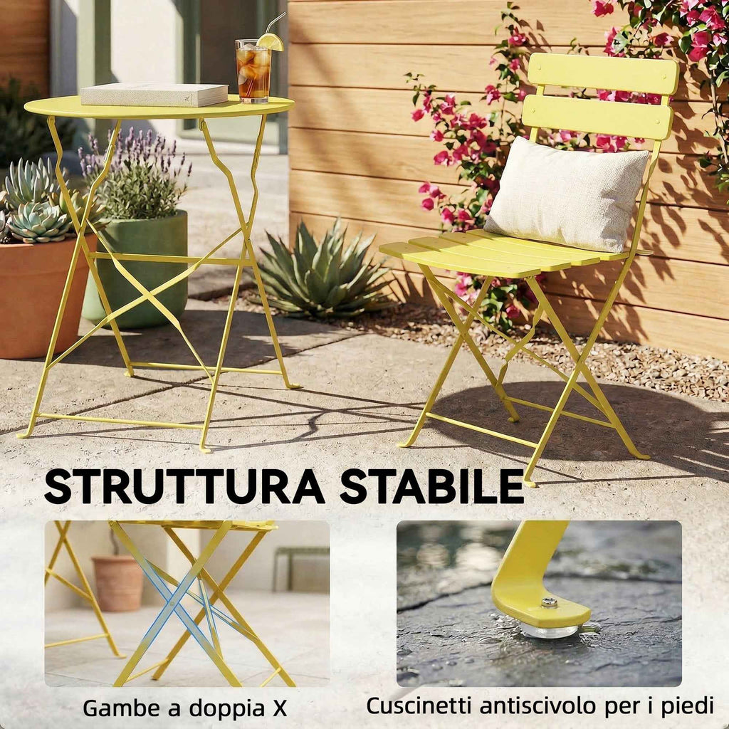 Outsunny Bistro Set, Folding Table and Chairs for 2, Garden, Yellow.