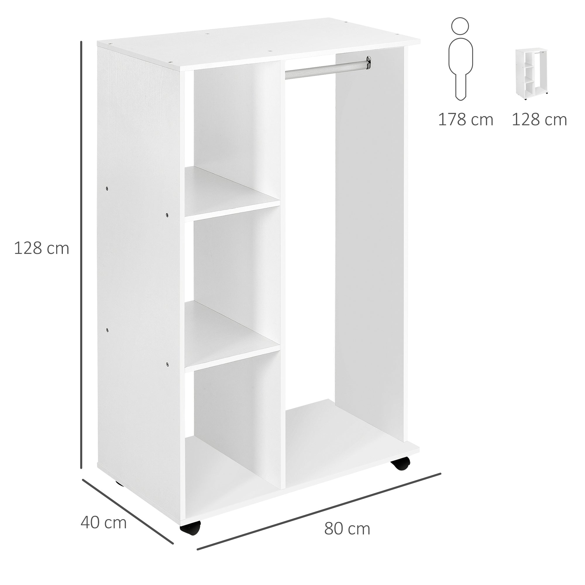 HomCom Wardrobe with Wooden Wheels, white, 80x40x128cm - Borgè