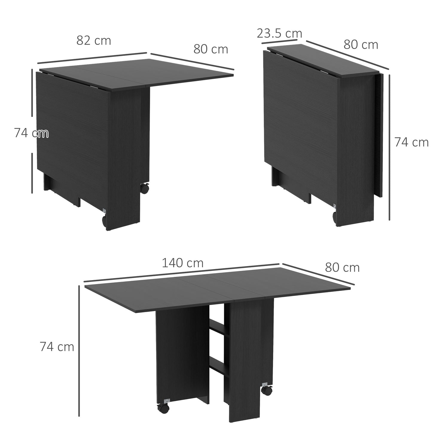 Space-Saving Folding Table with 2 Flaps for 6 People with Shelves and Wheels, Black