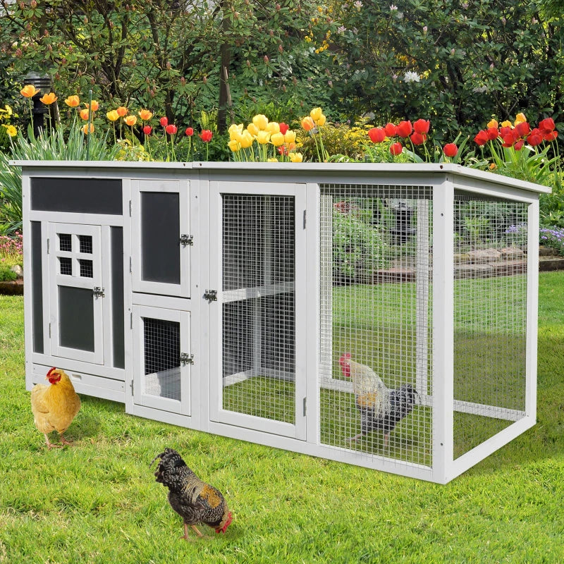 Wood Chicken Coop Hutch Hen House Cage PC Roof w/ Run Nest Box Deluxe 160 x 75 x 80 cm, Grey and white - Borge' Group Limited