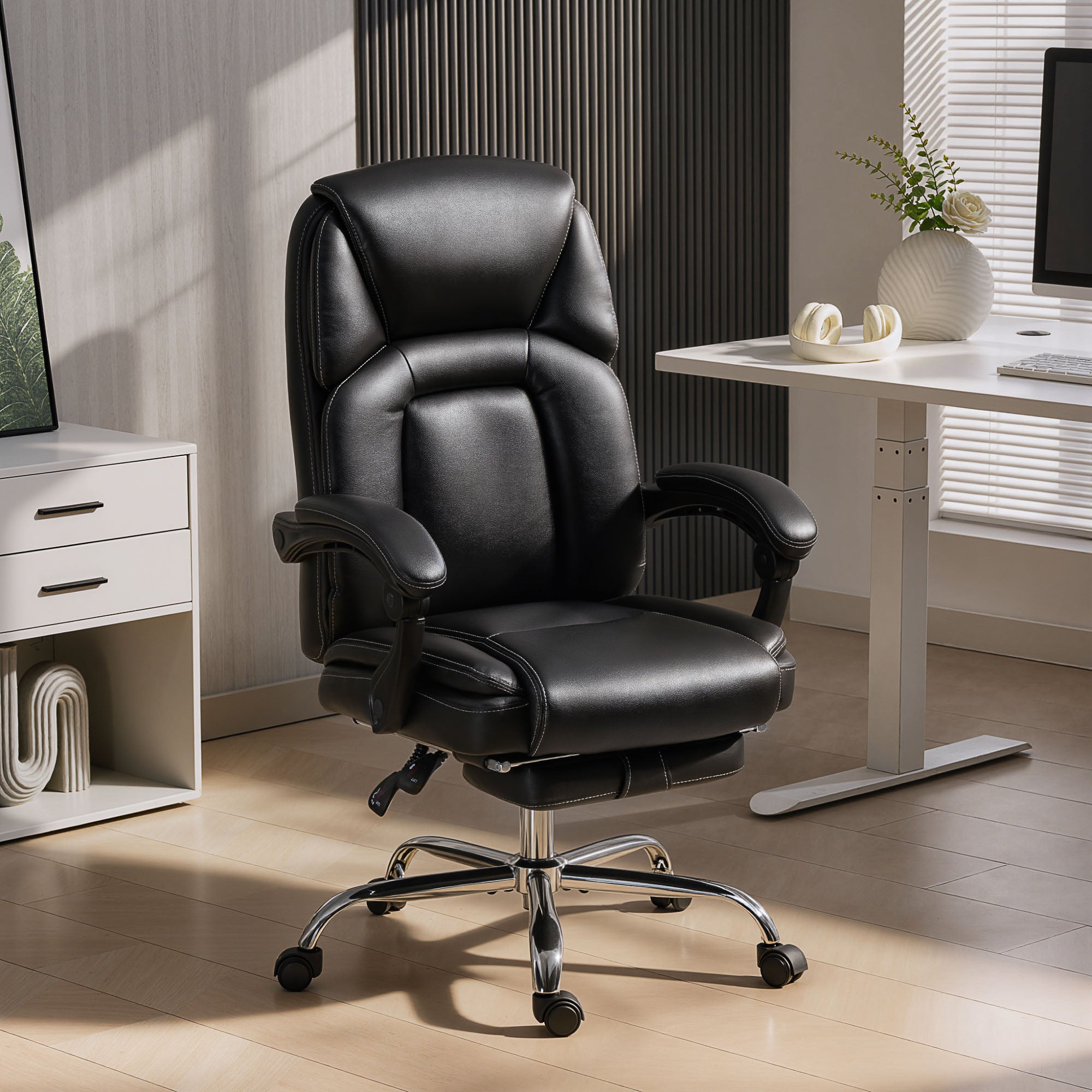 Reclining Office Chair with Pull-Out Footrest, PU Leather, 120 kg Capacity, Black