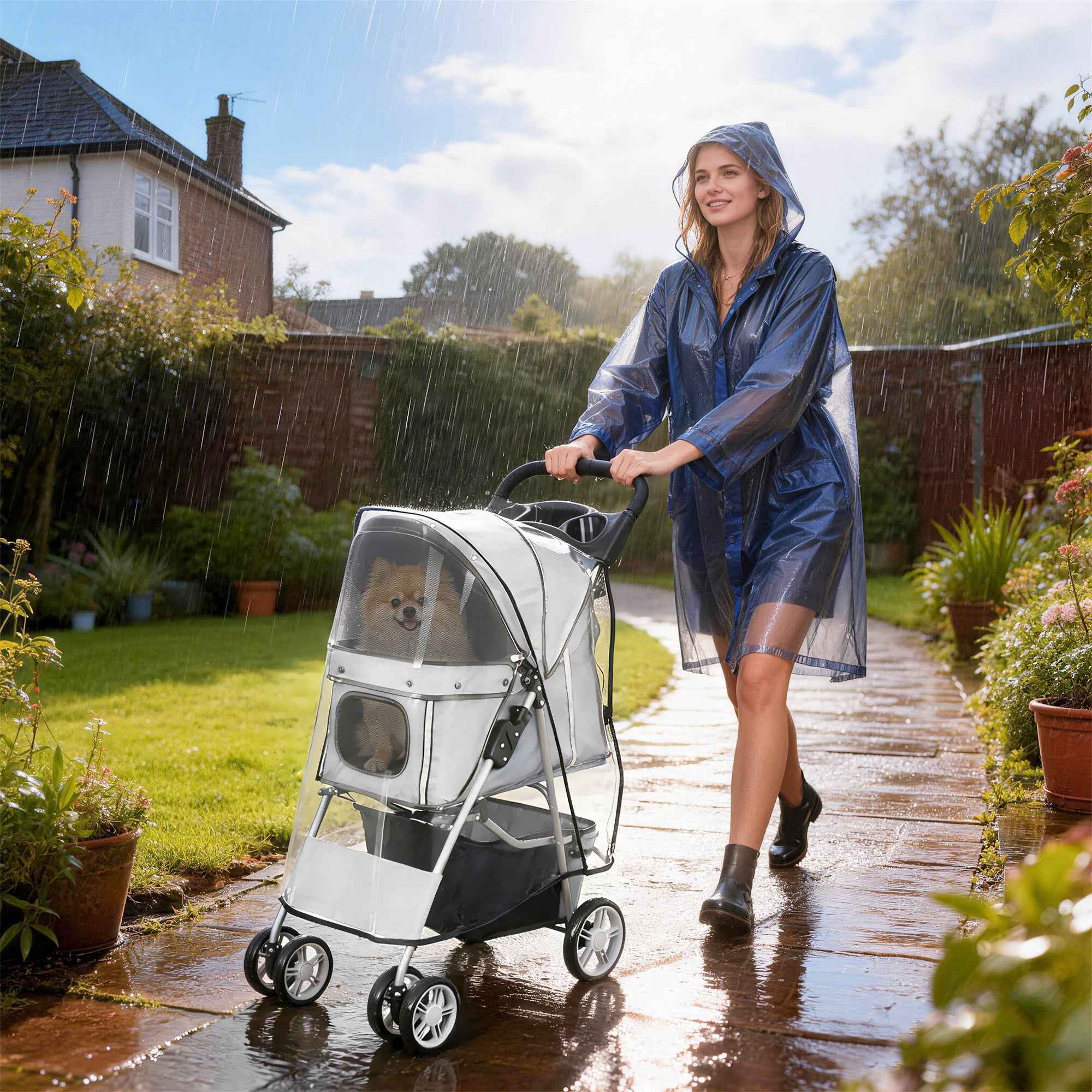 PawHut Folding Dog Stroller with Rain Cover, Swivel Wheels, and Washable Cushion, Grey