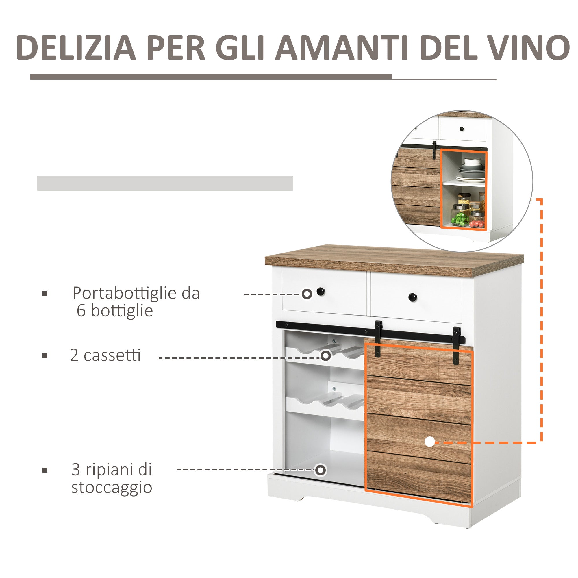HOMCOM Rustic Kitchen Cabinet with 2 Drawers, Open Shelves and Bottle Racks, in Wood and Metal, 80x39x86 cm - Borgè