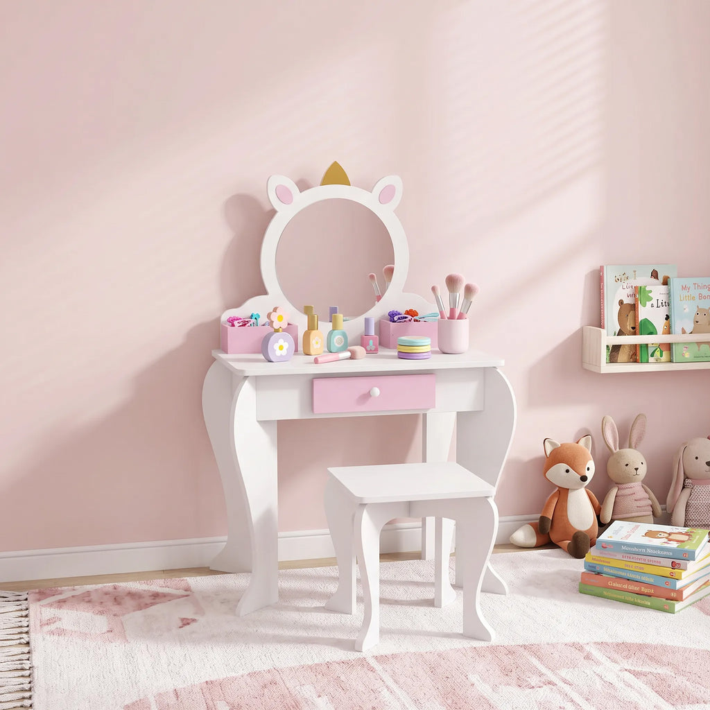 ZONEKIZ Girls' Vanity Makeup Set with Stool, Acrylic Mirror, 2 Storage Boxes, Unicorn Design, Pink