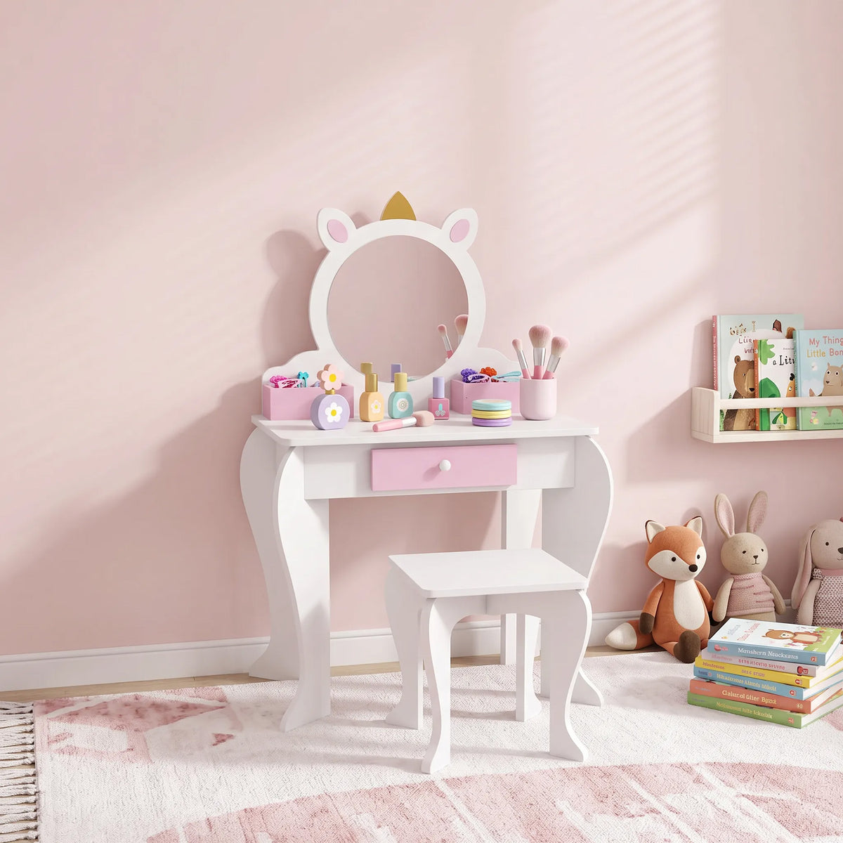 ZONEKIZ Girls' Vanity Makeup Set with Stool, Acrylic Mirror, 2 Storage Boxes, Unicorn Design, Pink