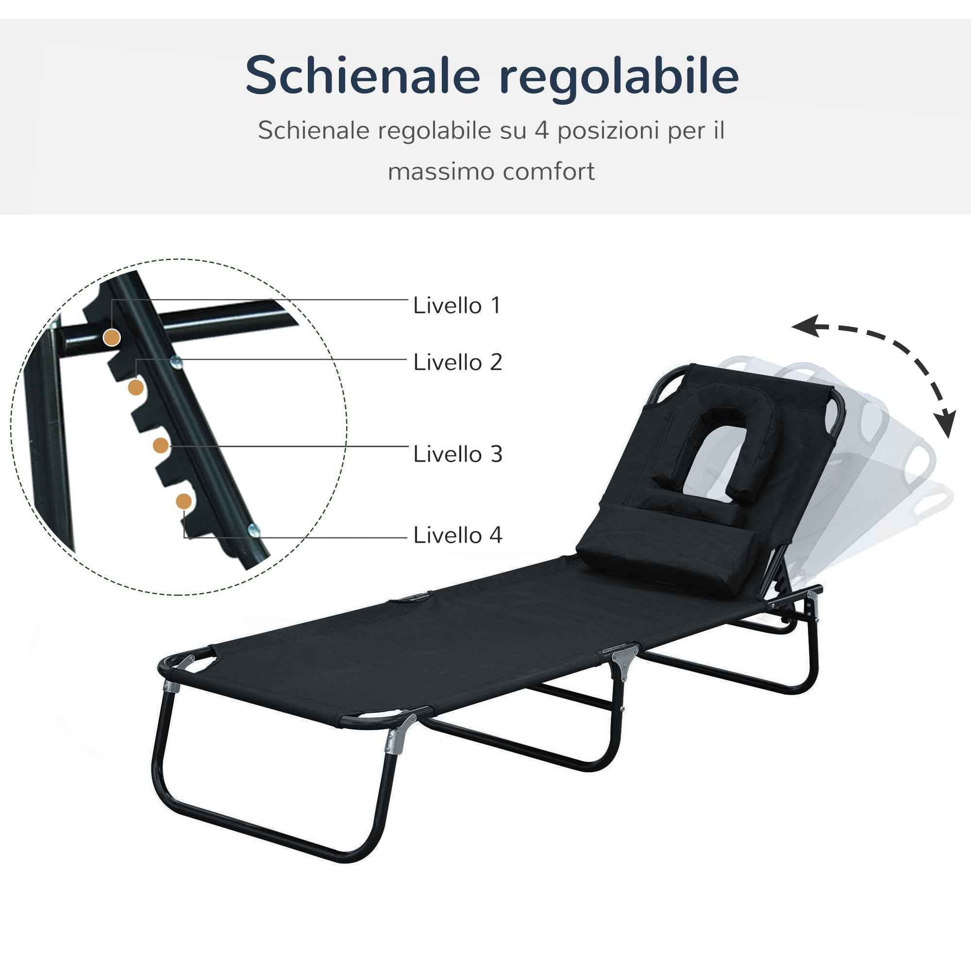 Outsunny Folding Outdoor Lounge Chair with Face Hole and Cushions, Garden Sun Lounger, Beach and Camping, Black