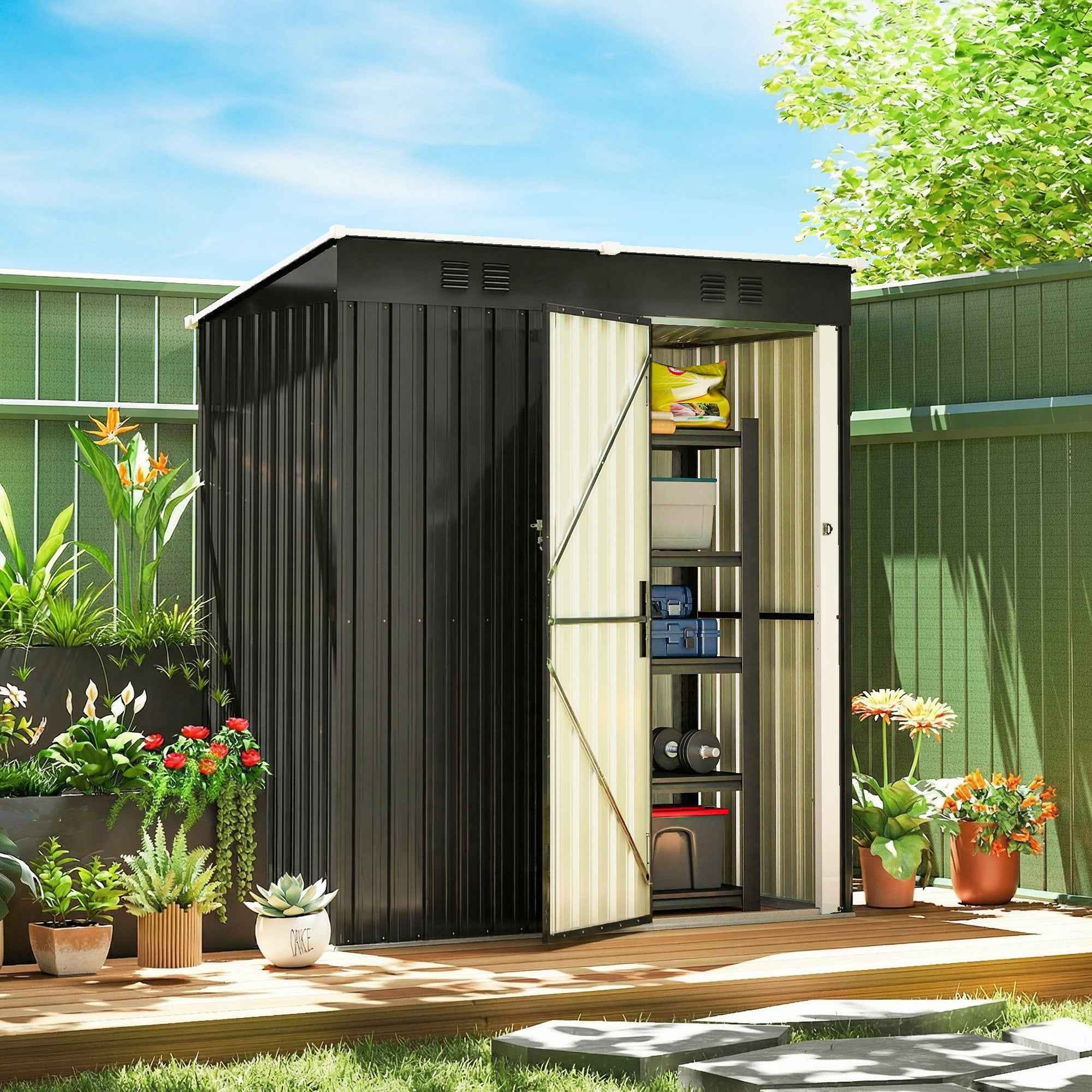Outsunny Metal Garden Shed 163x90x179 cm, Lockable Door, Air Vents, Dark Grey