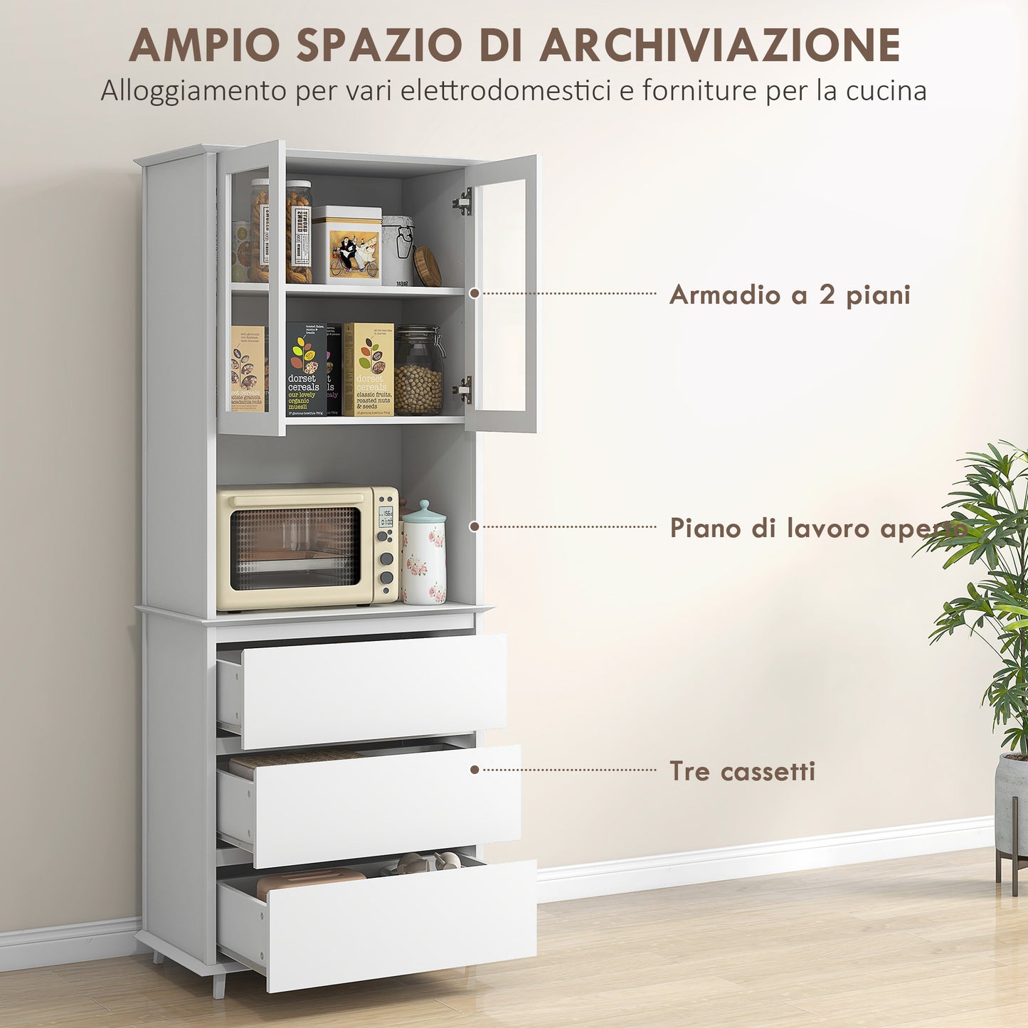 HOMCOM High Kitchen Pantry with 2-Tier Cabinet and 3 Drawers, in MDF, 68x38x172 cm, White