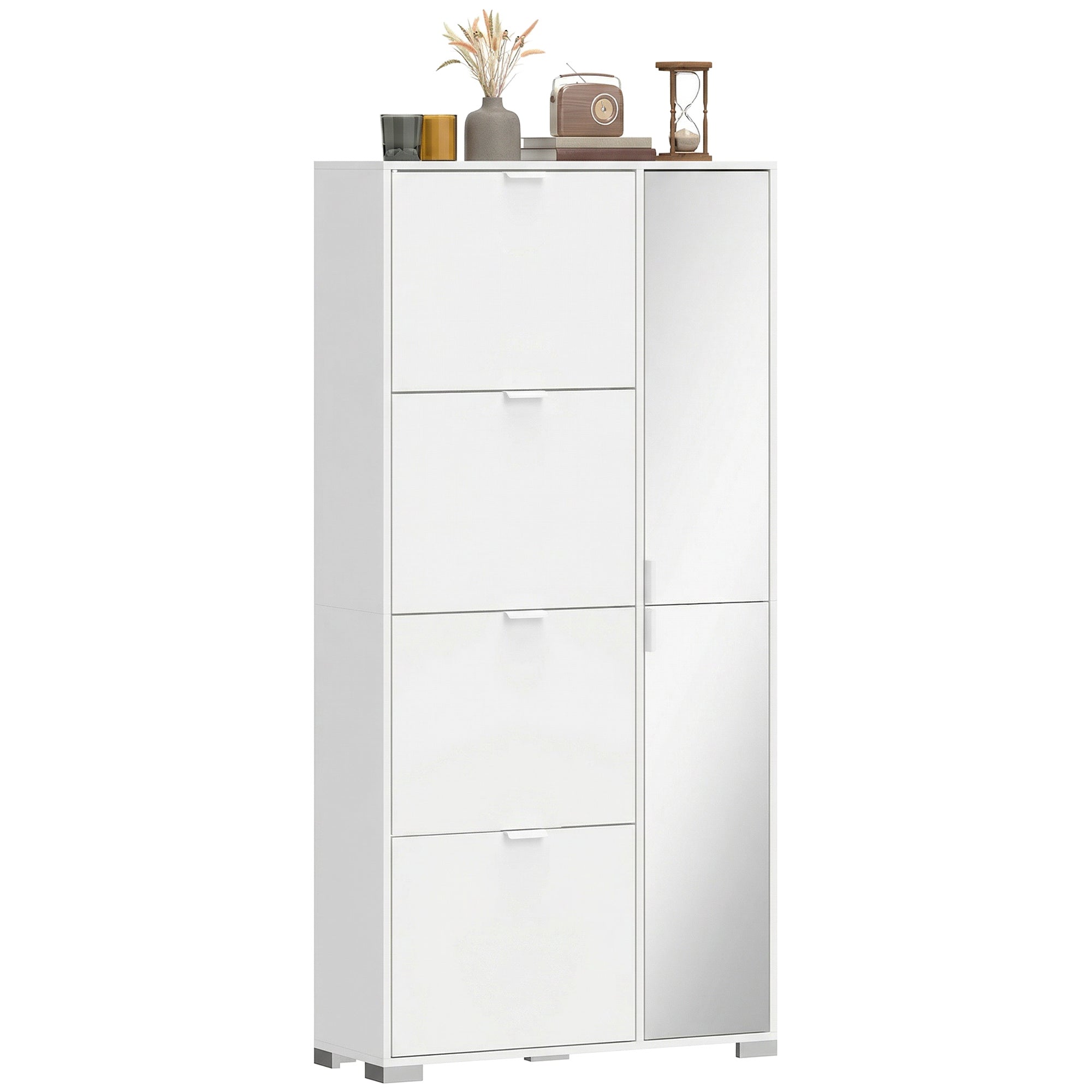 HOMCOM Shoe Rack with Mirror, 4 Drawers with Flap, Entrance Shoe Cabinet, White