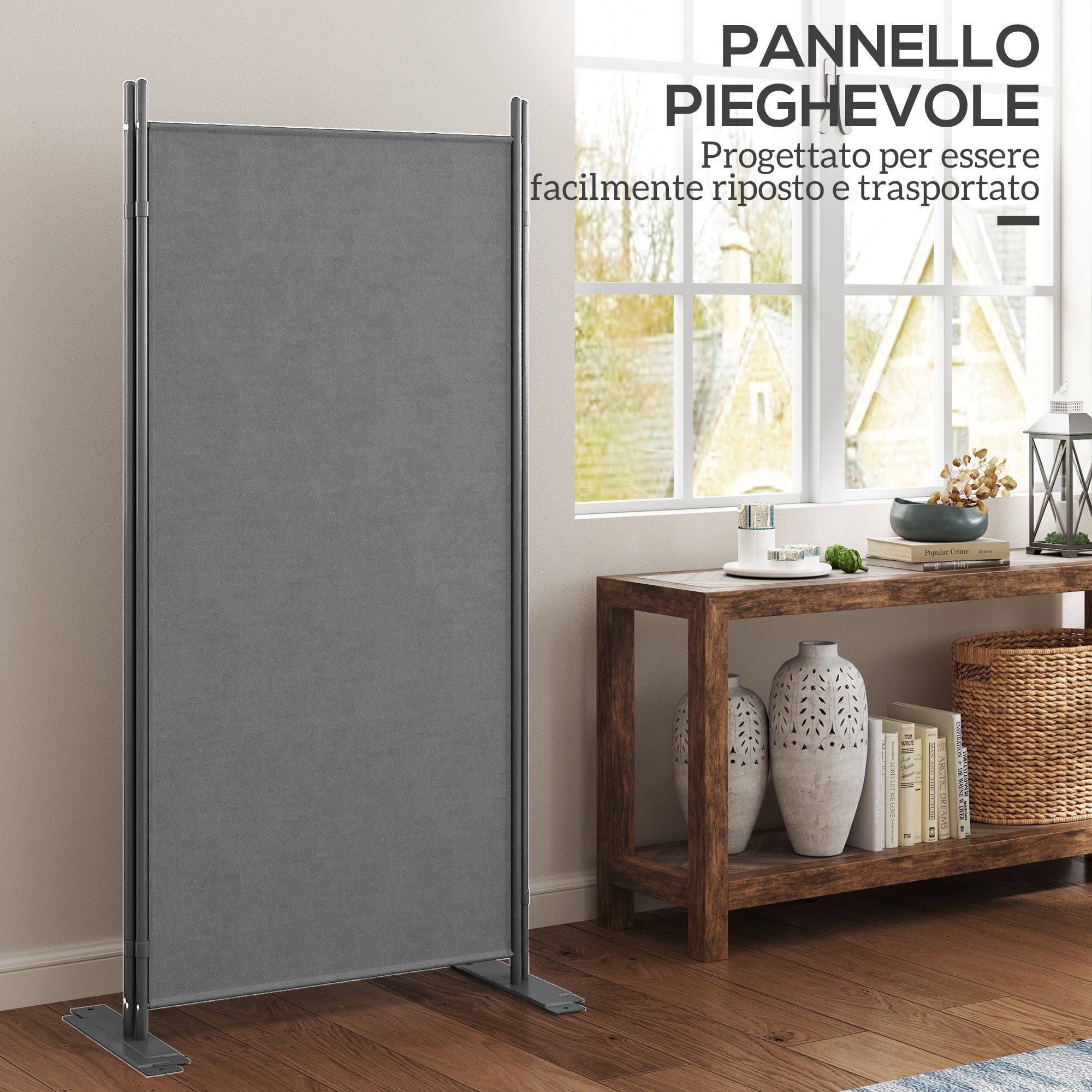 Outdoor Screen with 3 Folding and Adjustable Panels, in Polyester and Metal, 252x44x176 cm, Charcoal Gray