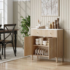 Wooden Sideboard with 2 Drawers, Cabinet and Marble Effect Top, 77x30x80 cm, Oak Color