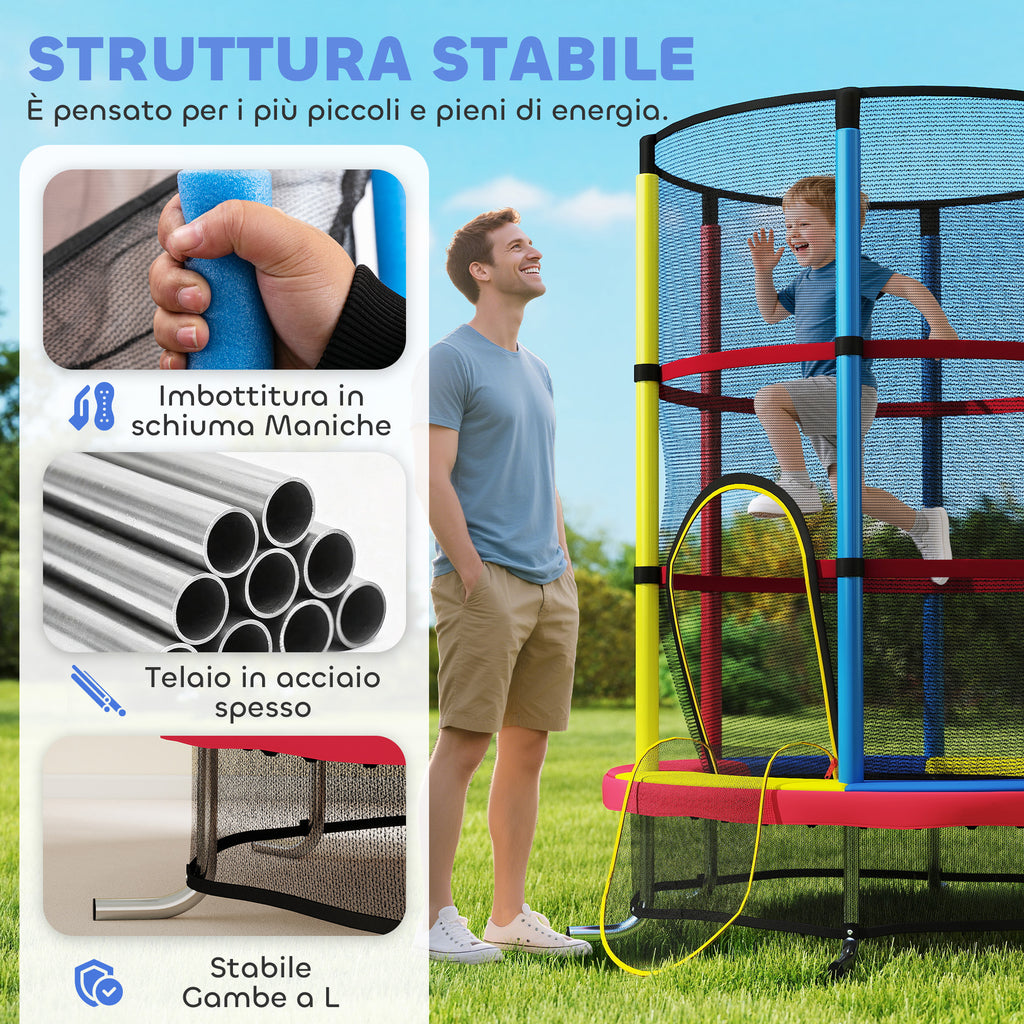 HOMCOM Trampoline for Children 3-6 Years with Safety Net, Without Springs, Ø160x190 cm, Multicolored