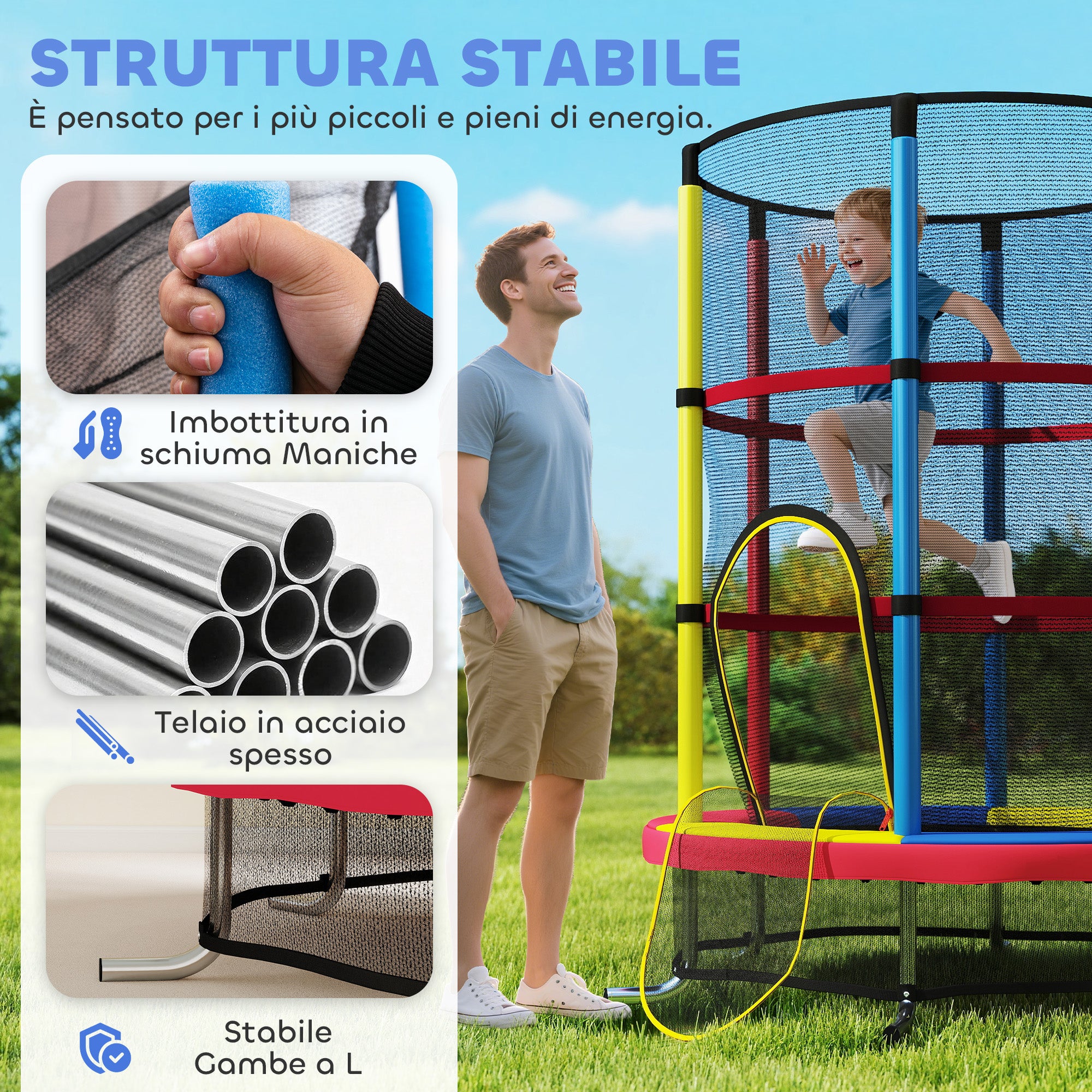 HOMCOM Trampoline for Children 3-6 Years with Safety Net, Without Springs, Ø160x190 cm, Multicolored