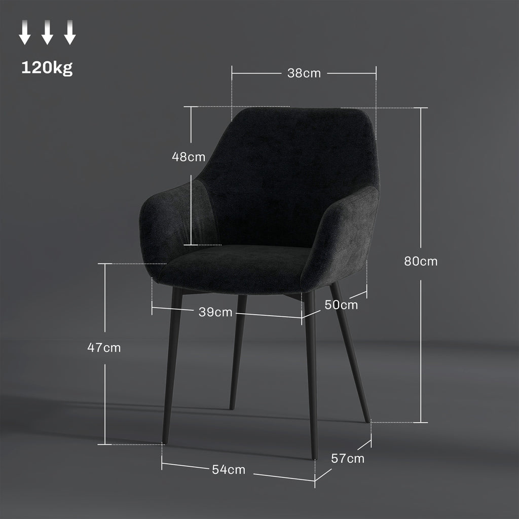 Set of 2 Modern Dining Chairs with Armrests, Padded Seat and Steel Legs, 54x57x80cm, Black