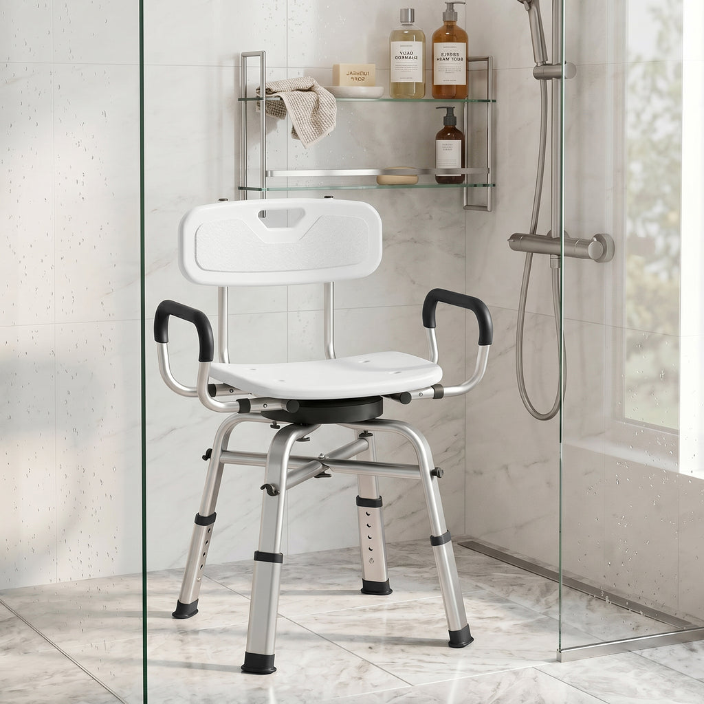 HOMCOM Height-Adjustable Swivel Shower Chair with Armrests, Backrest, 150kg Capacity, White
