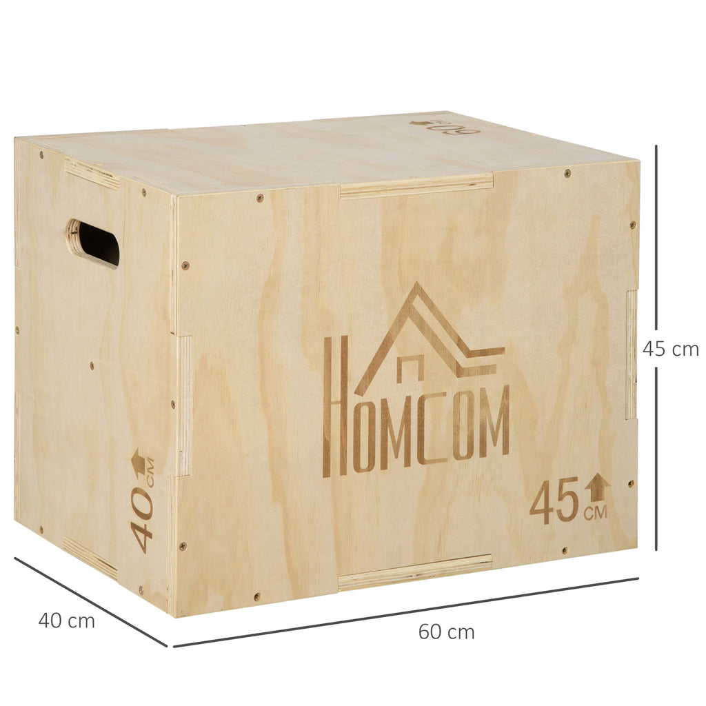 3-Height Adjustable Jump Box for Home and Gym, Beech Wood, 45x40x60 cm