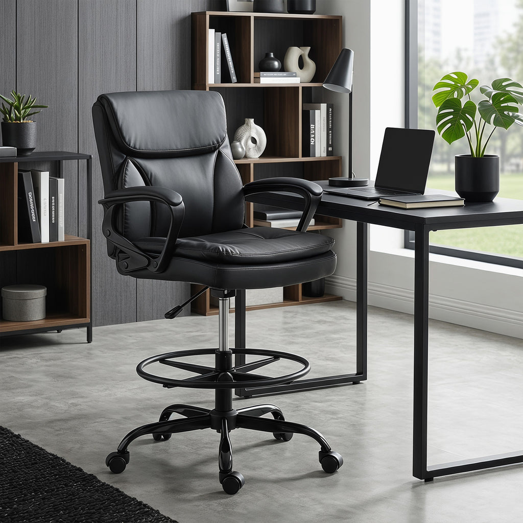 HOMCOM Swivel Office Chair in Faux Leather, Height-Adjustable, High Back, Armrests, for Study, Black