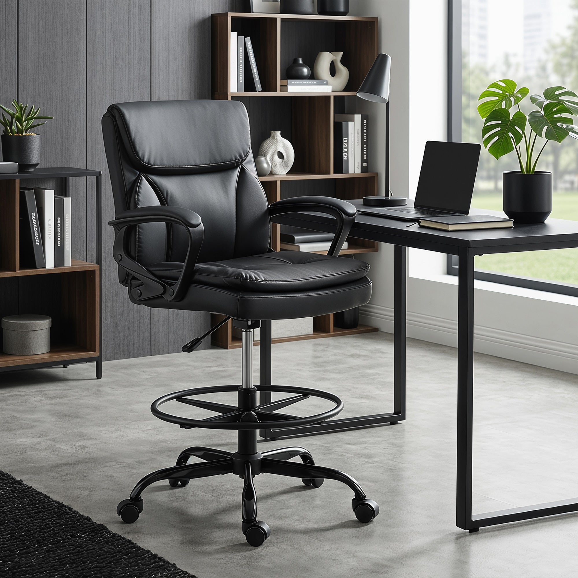 HOMCOM Swivel Office Chair in Faux Leather, Height-Adjustable, High Back, Armrests, for Study, Black