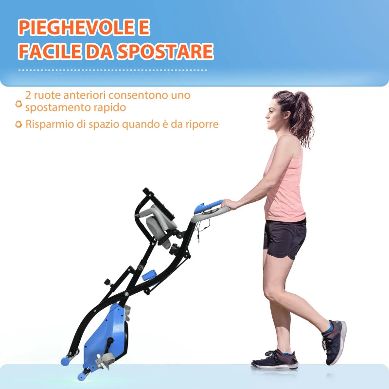 Folding Exercise Bike with 8 Resistance Levels and Adjustable Seat, Blue and Gray