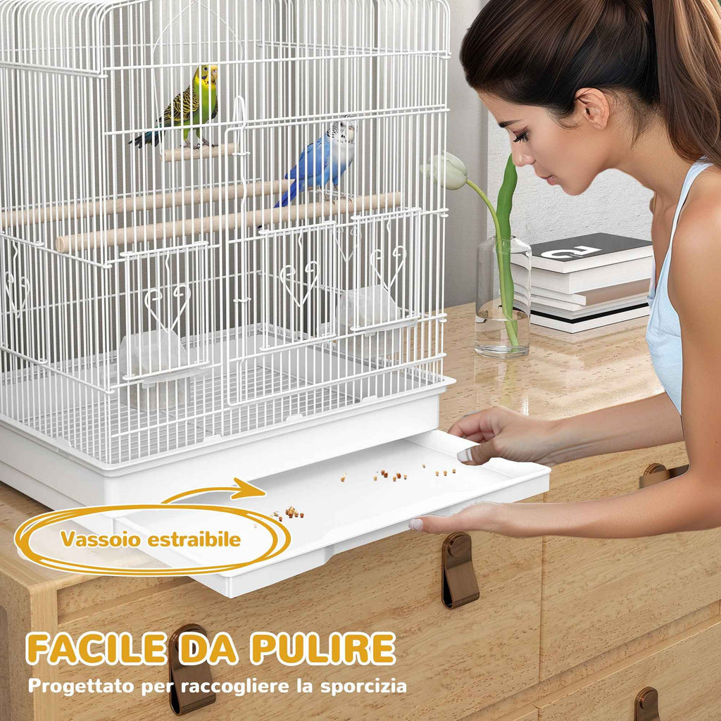 PawHut Portable Bird Cage with Handle, Removable Tray and 5 Doors, Perches and Swing, White