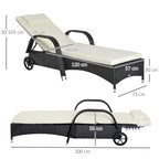 Garden Sun Lounger with Wheels, Height-Adjustable Rattan Beach Chair, Black and Cream, 200x73x103cm