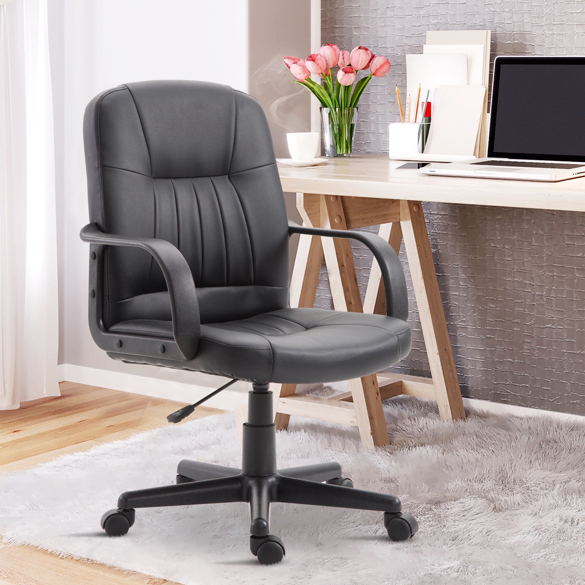 Ergonomic Swivel Office Chair, Height-Adjustable Faux Leather Office Chair, 60x60x94-103cm, Black