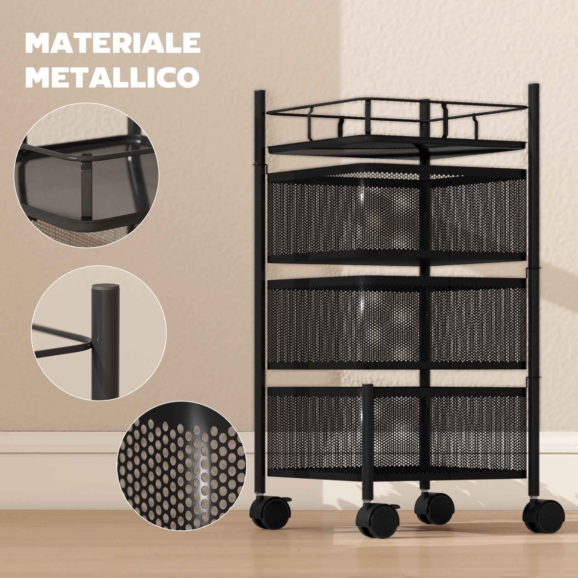 HOMCOM 3-Tier Kitchen Cart with Rotating Metal Baskets, Wheels and Brake, 27.5 x 27.5 x 62 cm, Black