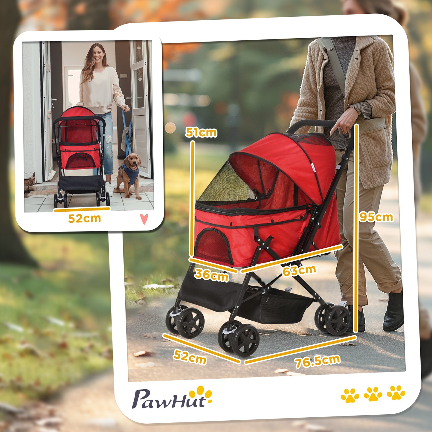 Foldable Stroller for Small Dogs with Swivel Handle and Wheels with Brakes, 76.5x52x95cm, Red