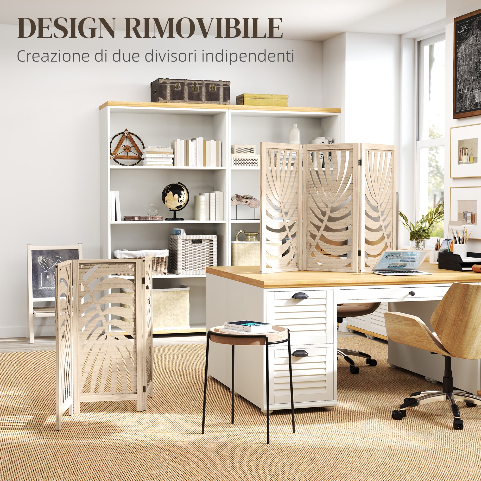 3-Panel Folding and Separable Wooden Room Divider, Leaf Design, 120x170 cm, Wood Color