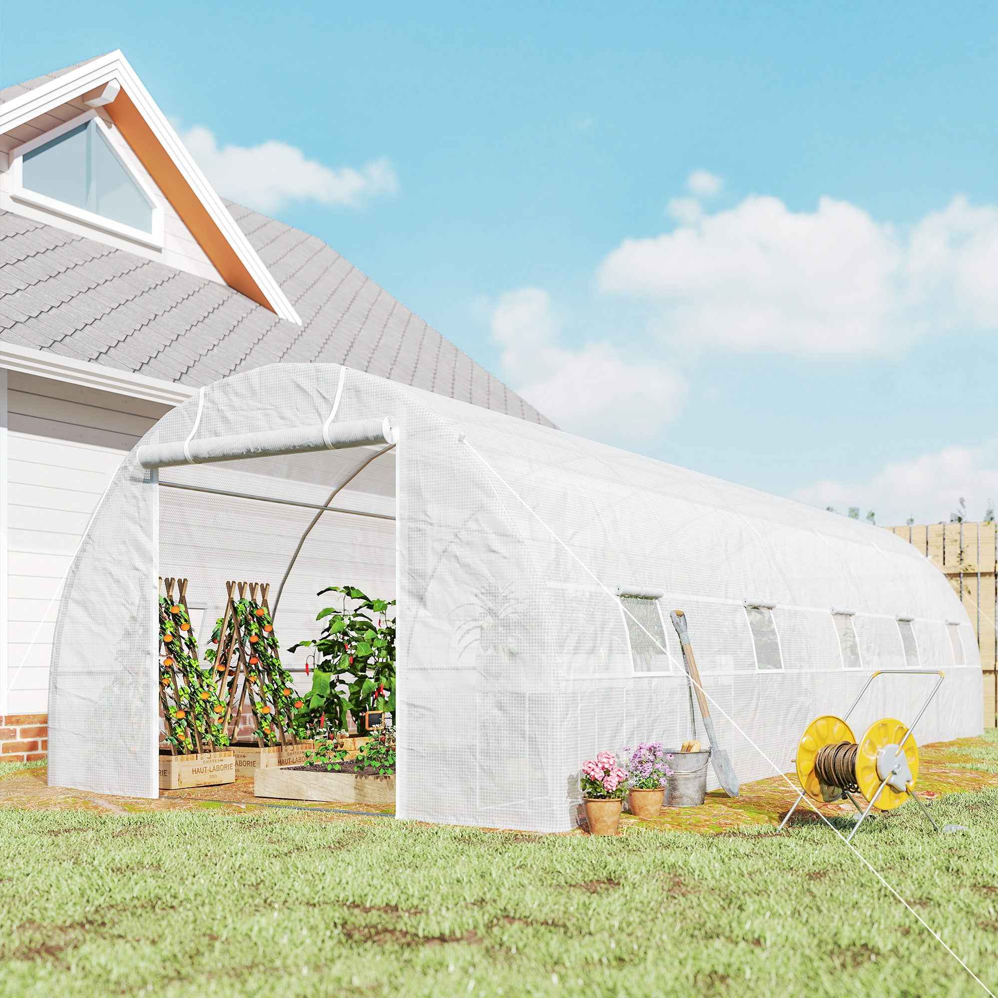 Outsunny 8x3x2 m Tunnel Greenhouse with Plastic Lining and Reinforced Steel, White