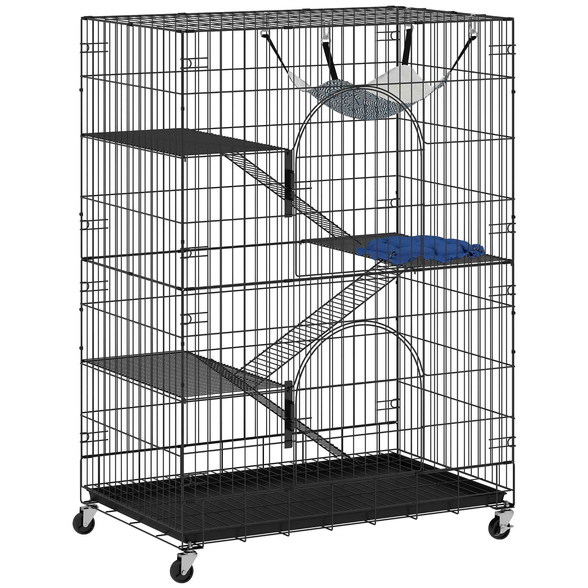 PawHut 4-Tier Cat House with Hammock, Bed, Ramps and Metal Platforms with Pull-Out Tray, Black
