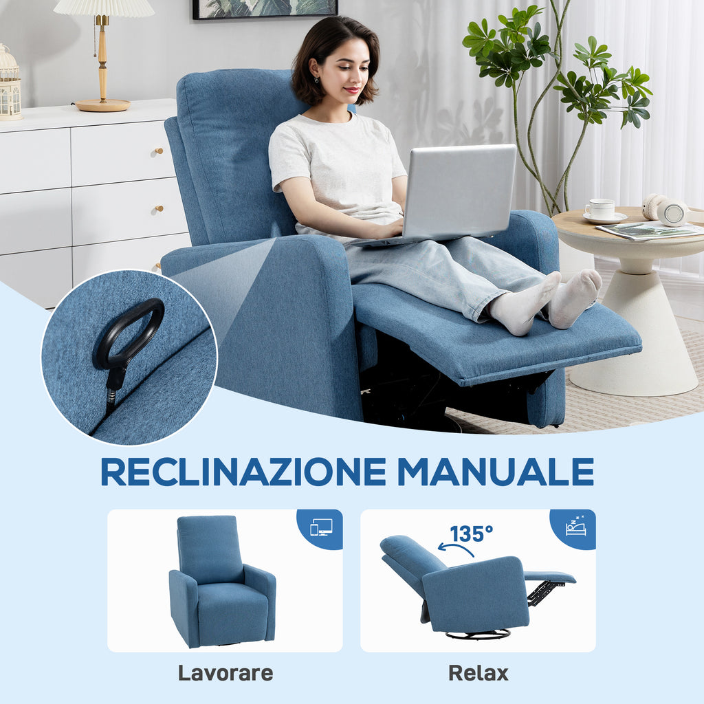 135° Manual Reclining Relaxing Chair, 360° Swivel with Rocking Function, Blue