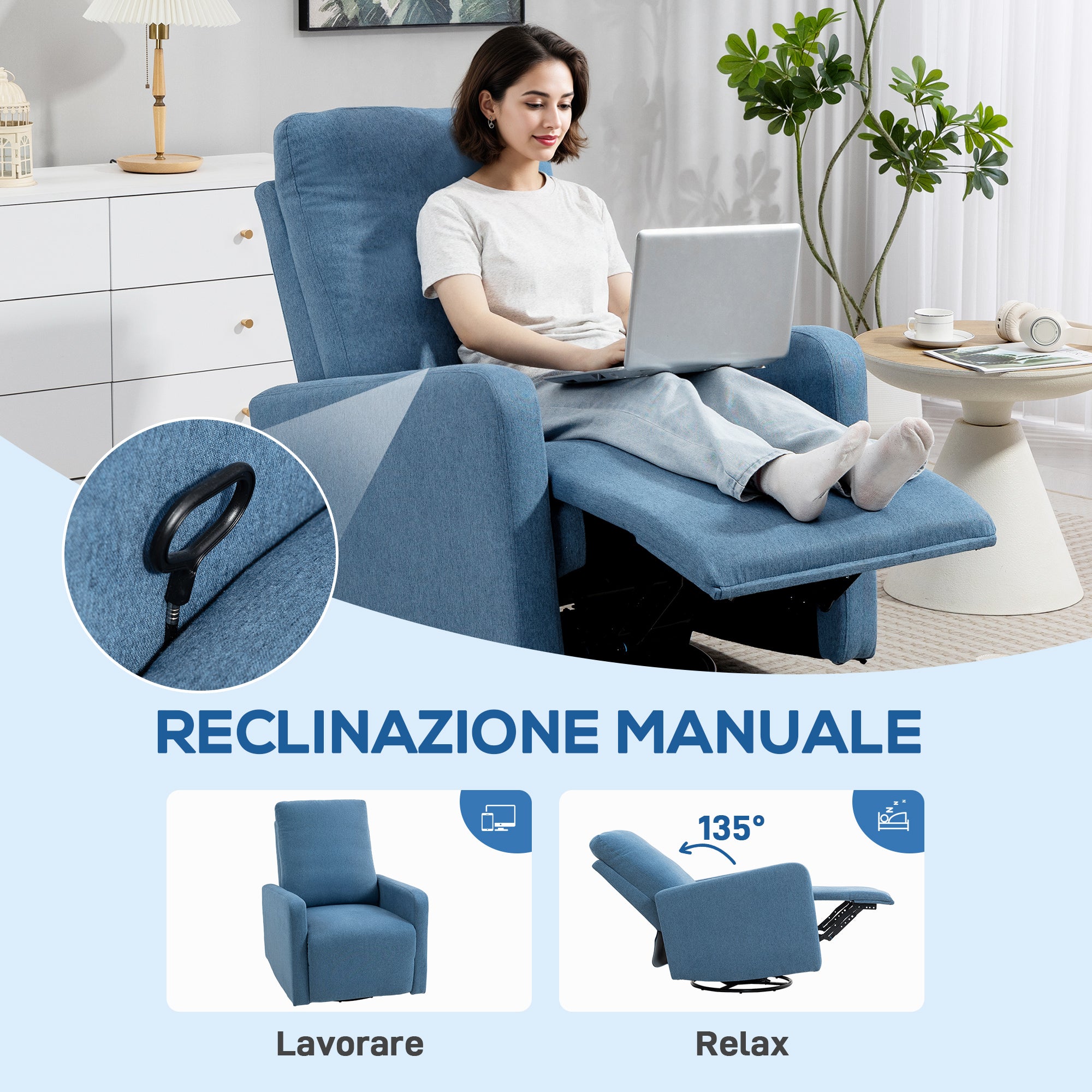 135° Manual Reclining Relaxing Chair, 360° Swivel with Rocking Function, Blue