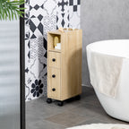 Kleankin Bathroom Cabinet, Bathroom Furniture with 4 Wheels, 1 Drawer, 1 Cabinet with Door, 2 Open Cabinets, Oak Color, 18x30x68.5 cm