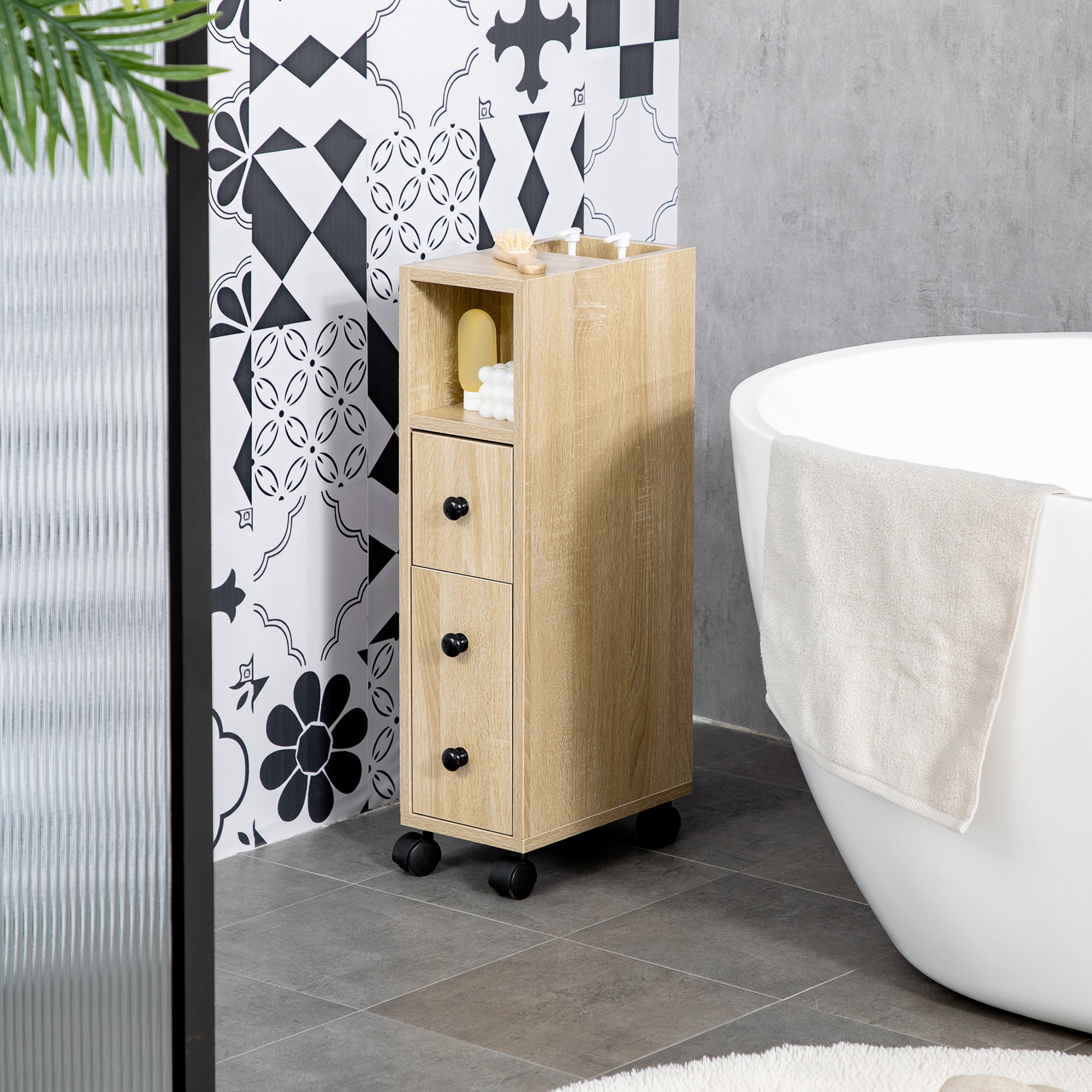 Kleankin Bathroom Cabinet, Bathroom Furniture with 4 Wheels, 1 Drawer, 1 Cabinet with Door, 2 Open Cabinets, Oak Color, 18x30x68.5 cm