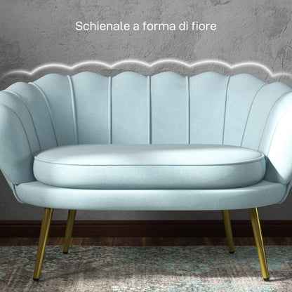 Velvet 2 Seater Sofa in Industrial Chic Style in Velvet Effect Fabric and Metal, 130x77x77 cm, Light Blue