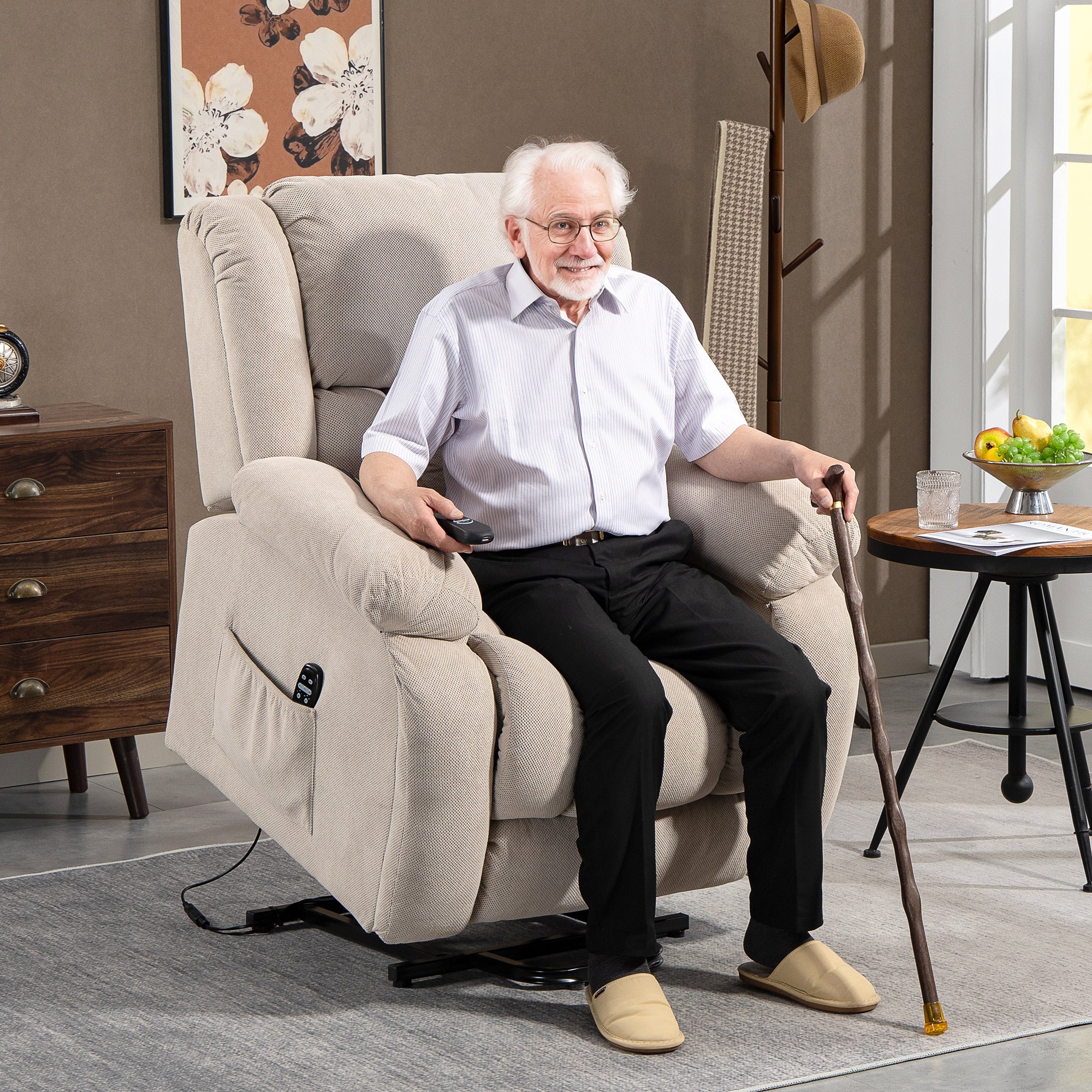 Lift Massage Reclining Chair with 2 Pockets and Remote Control, 93x104x105 cm, Beige