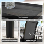 Outsunny 9-Piece Outdoor Set with 8 Stackable Texteline Chairs and Glass-Top Coffee Table, Black