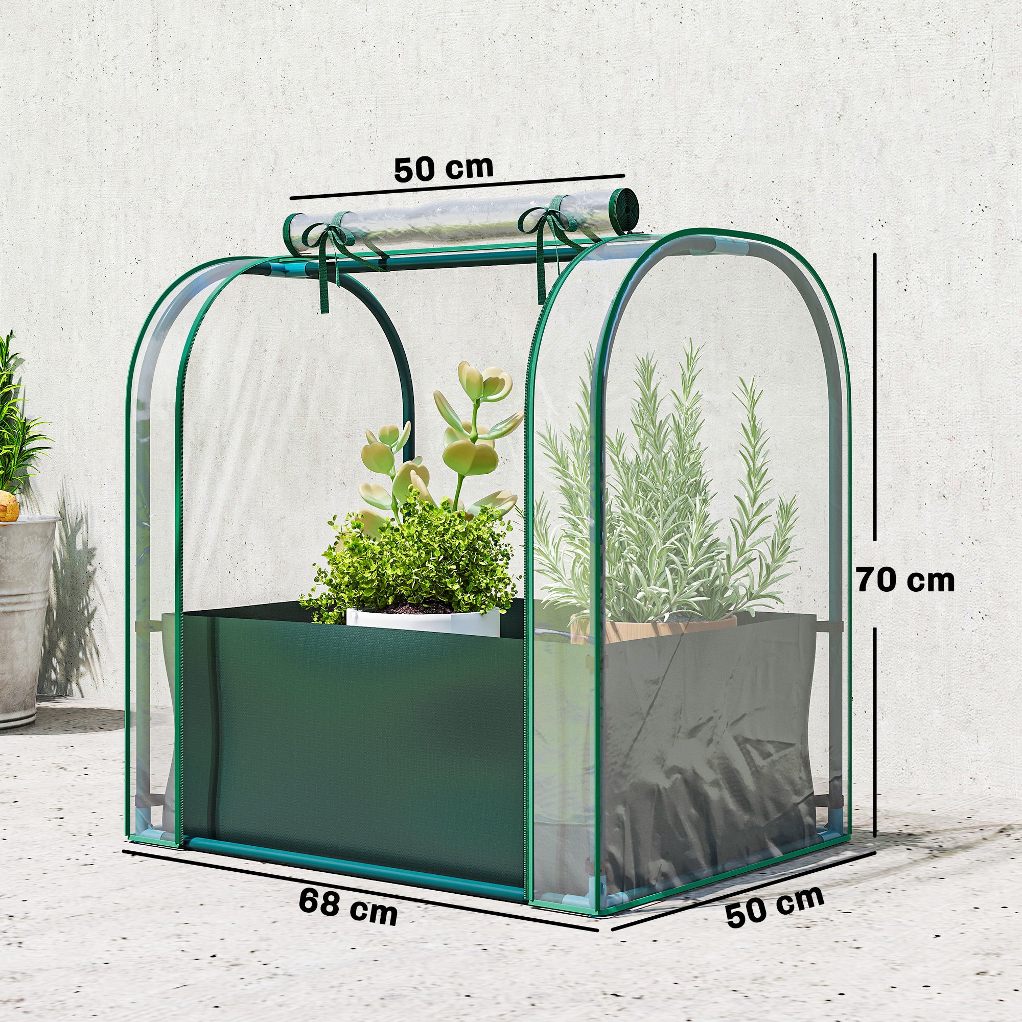 Outsunny Mini Greenhouse with Grow Bag and Roll-Up Door, 68x50x70 cm, Dark Green