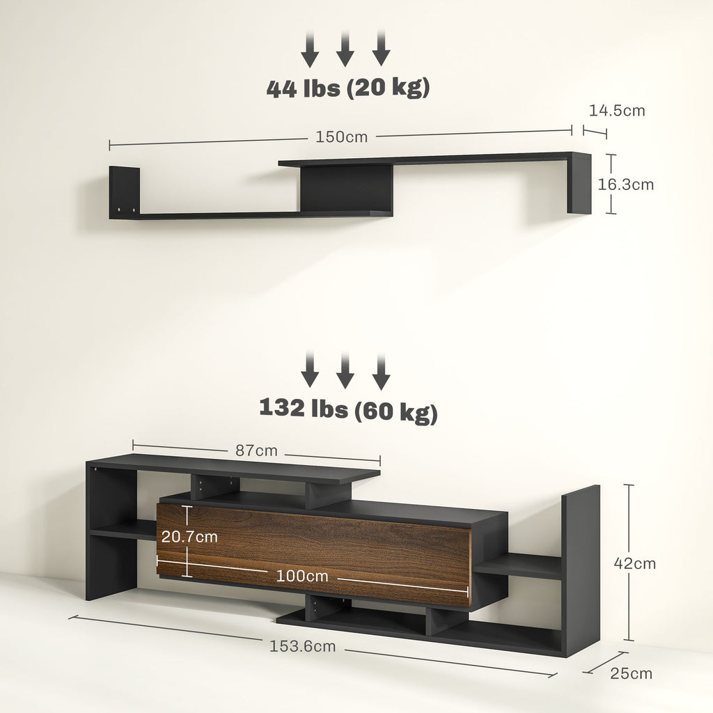 TV Cabinet with Wall Shelf, Open Shelves and Wooden Cabinet, Black and Brown