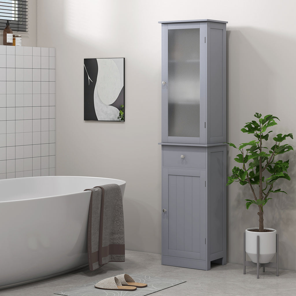 Bathroom Column Cabinet Space Saving with Cabinet, Drawer and MDF Shelves, 40x27x171.5cm, Grey