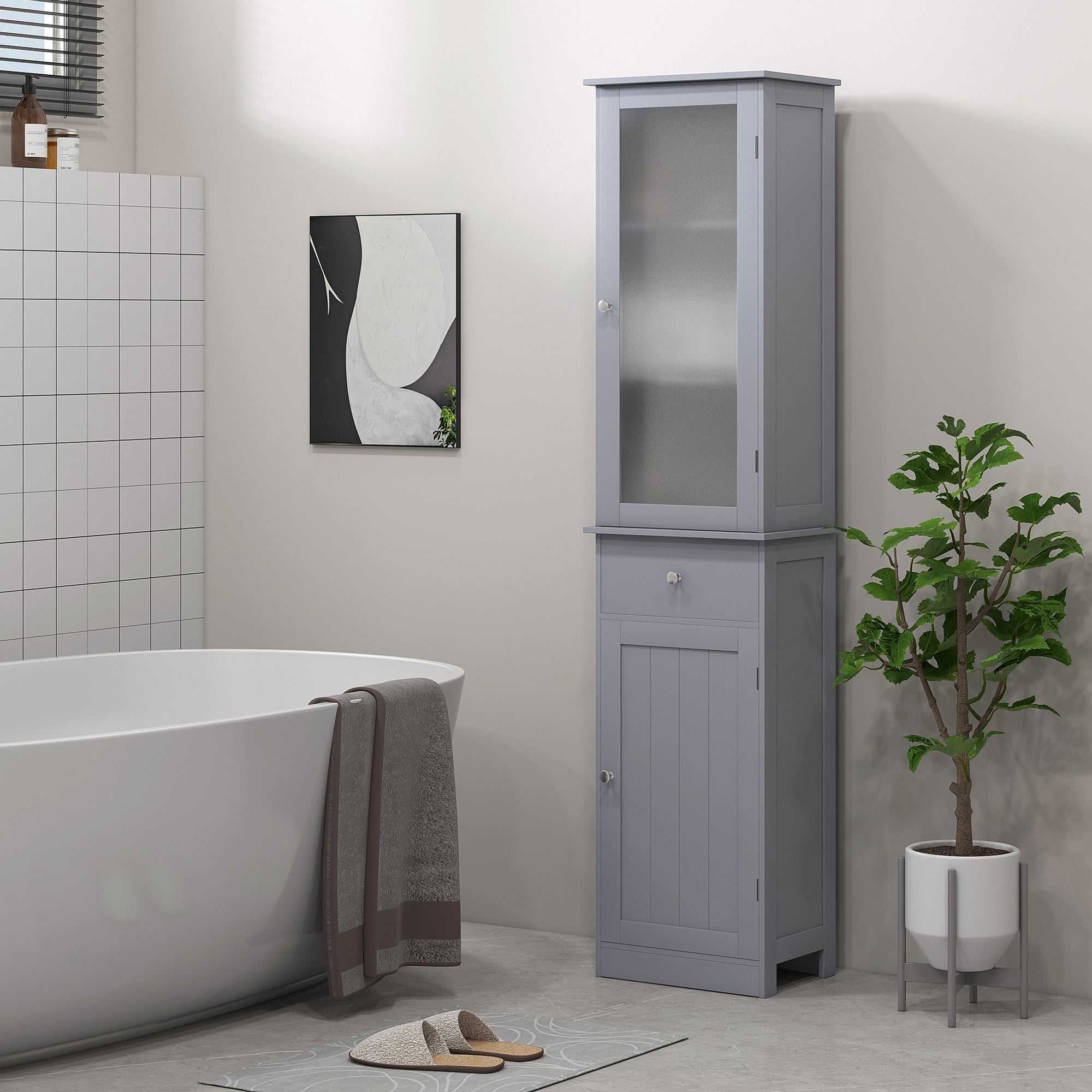 Bathroom Column Cabinet Space Saving with Cabinet, Drawer and MDF Shelves, 40x27x171.5cm, Grey