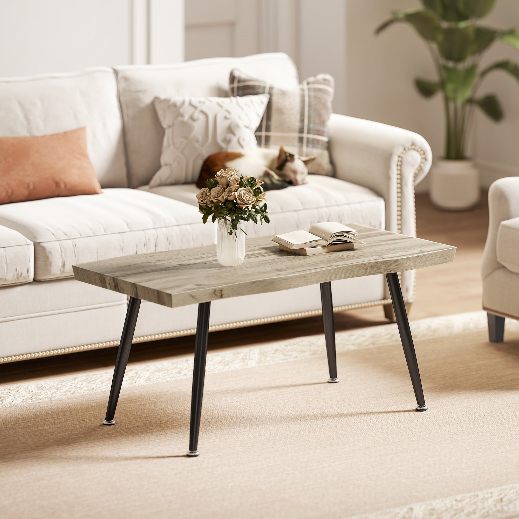 HOMCOM Nordic Style Coffee Table with Adjustable Feet, Wood and Steel, 100x50x45 cm, Black and Oak