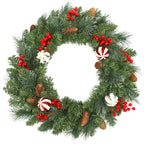60cm Christmas Wreath with 146 Snow-Covered Branches, Pine Cones, Berries and Baubles, Green