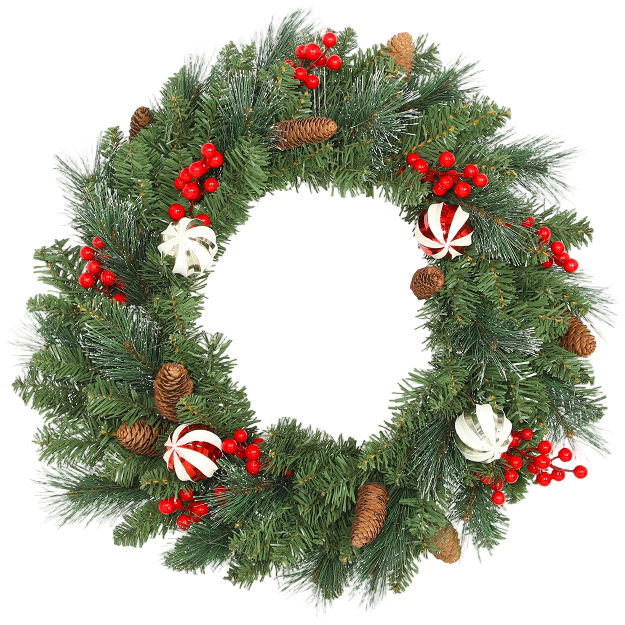60cm Christmas Wreath with 146 Snow-Covered Branches, Pine Cones, Berries and Baubles, Green