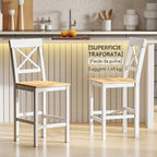 Set of 2 Bar Stools, High Back Kitchen Stools with Footrest, Pine Wood, Natural and White