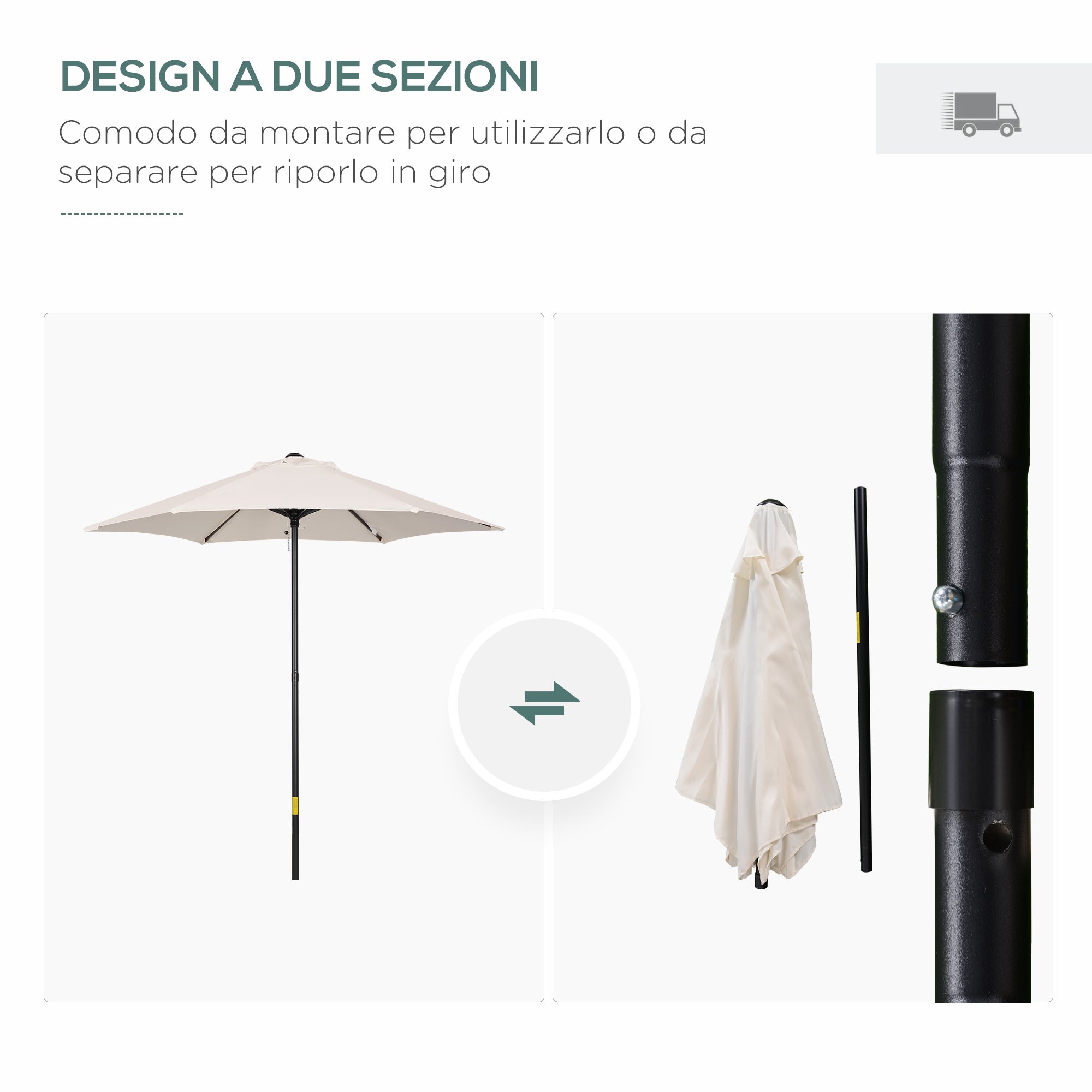 2x2m Round Garden Umbrella with Central Pole in Aluminum and Polyester, Cream