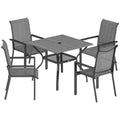 Outsunny 5-Piece Steel Garden Set with 4 Stackable Chairs and Table with Center Hole and Bottom Shelf, Grey