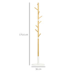 8 Hook Coat Tree with Round Base in Bamboo, Wood and Metal, Ø37.8x175.6 cm, Wood and White
