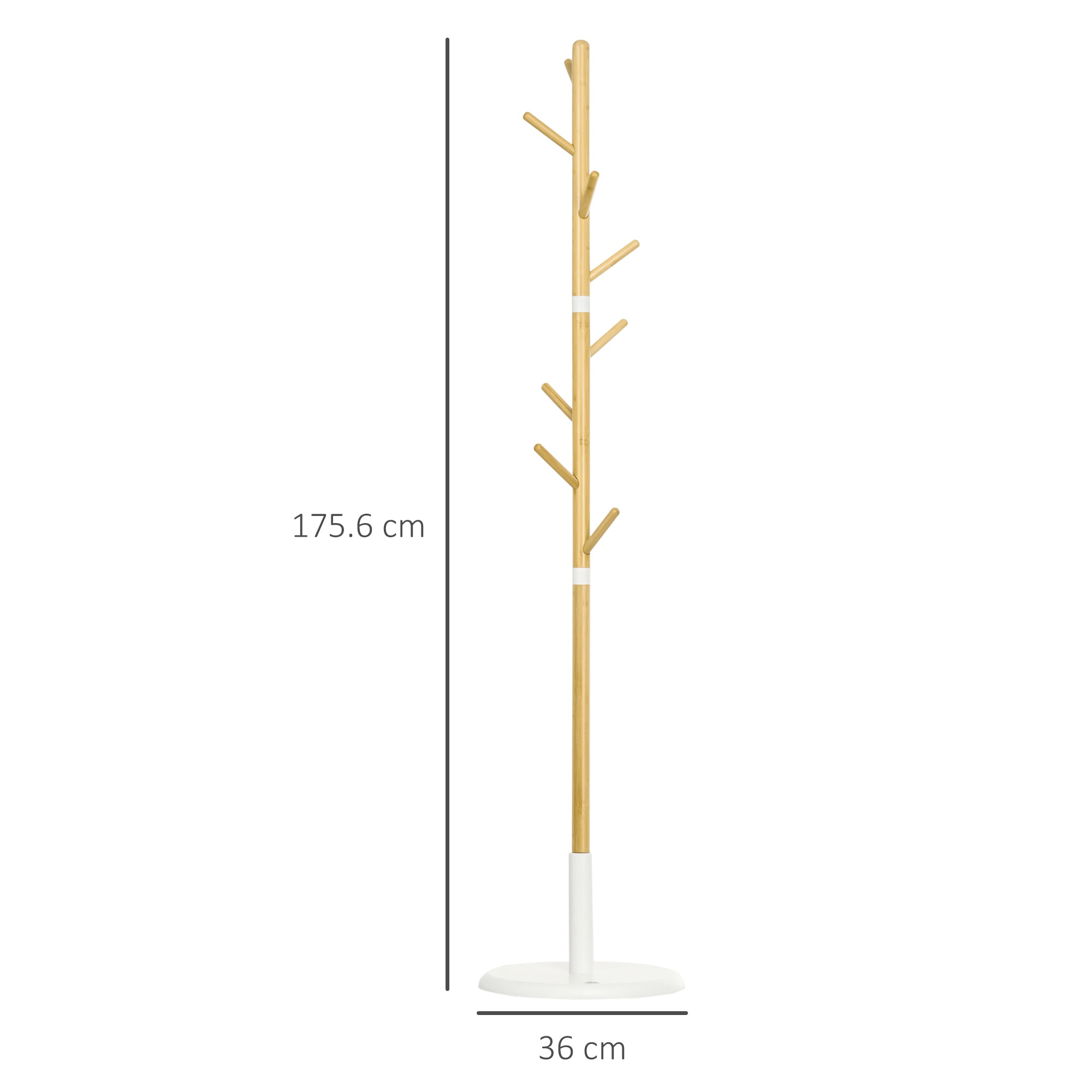 8 Hook Coat Tree with Round Base in Bamboo, Wood and Metal, Ø37.8x175.6 cm, Wood and White